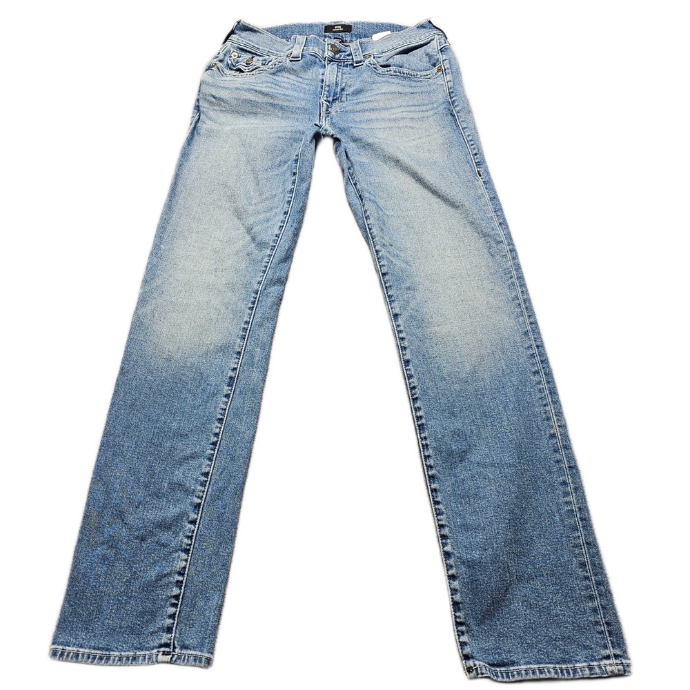 True Religion Geno Relaxed Slim Jeans Mens 32 Blue Denim Whiskered Straight Leg